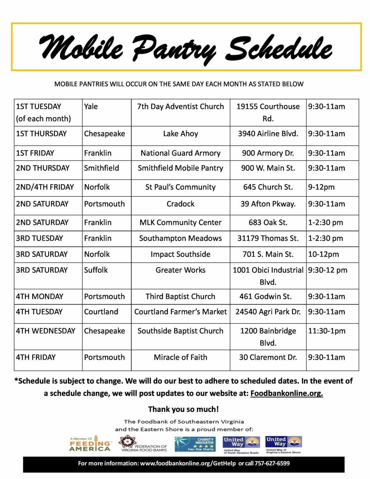 Mobile Food Pantry 2021 Schedule (Southside)