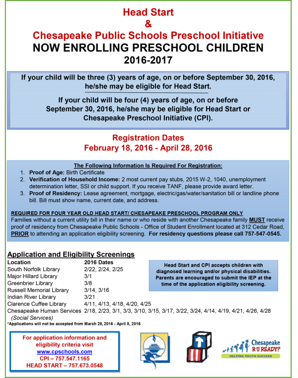 Head Start and Chesapeake Public Schools Preschool Initiative Registration 2016