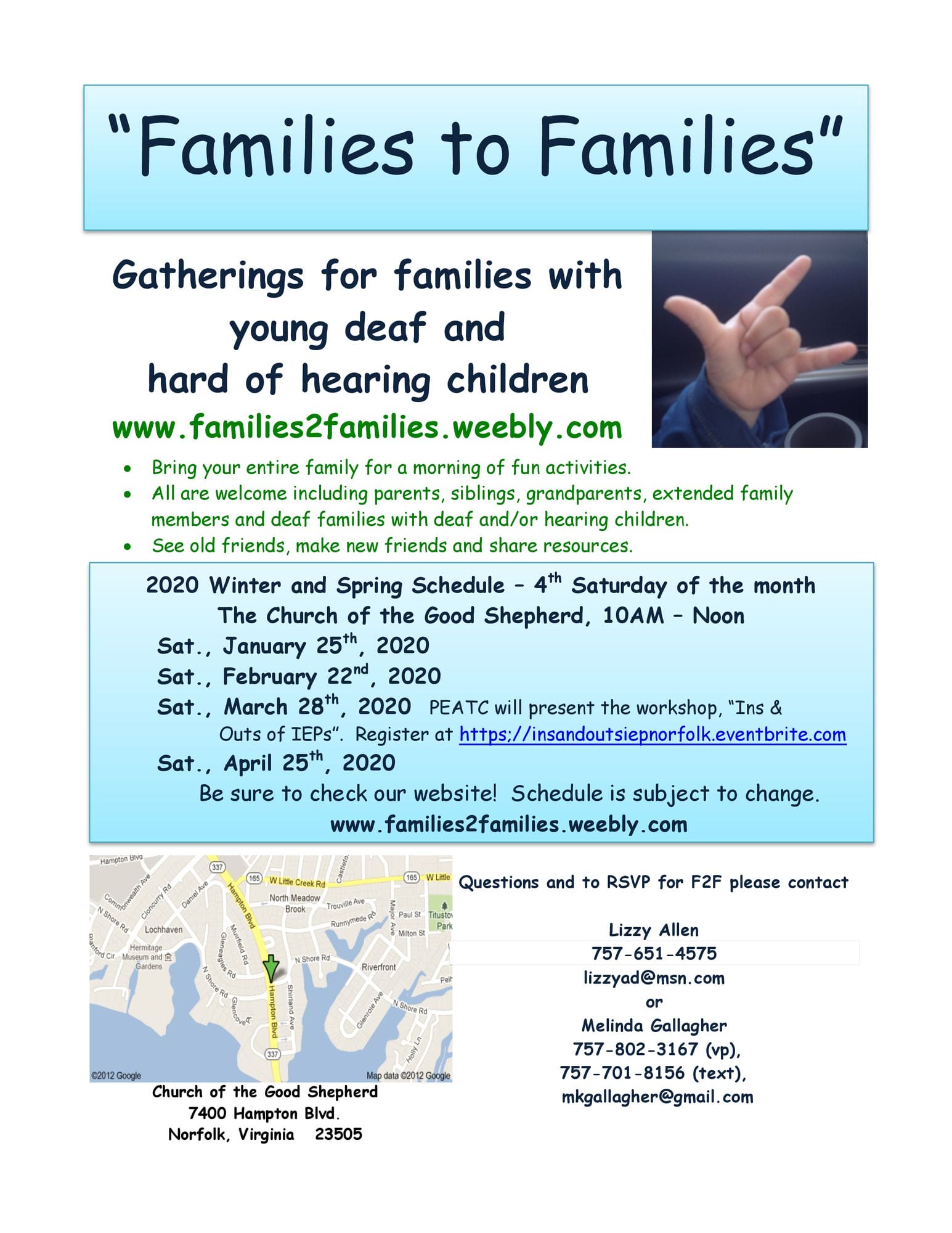 Spring 2020 Families2Families flyer Hampton Roads
