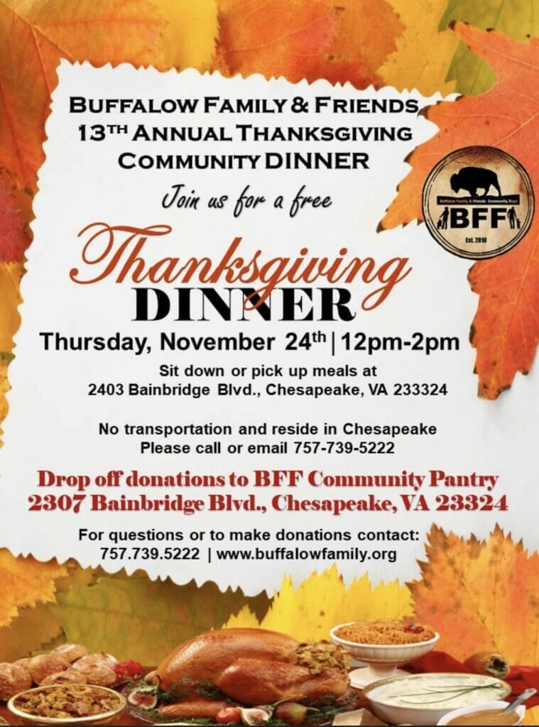 Flyer for Buffalo Family & Friends Thanksgiving Dinner Event Thursday, November 24, 2022 at their location in Chesapeake VA