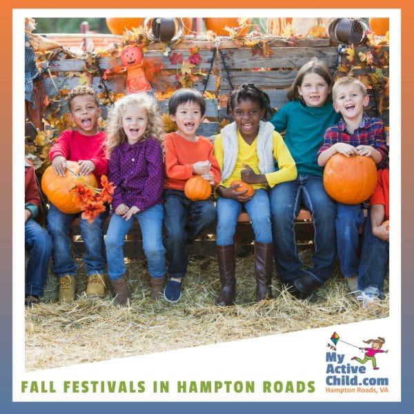 Kids sitting with pumpkins on the farm to illustrate the listing for Fall Festivals in Hampton Roads