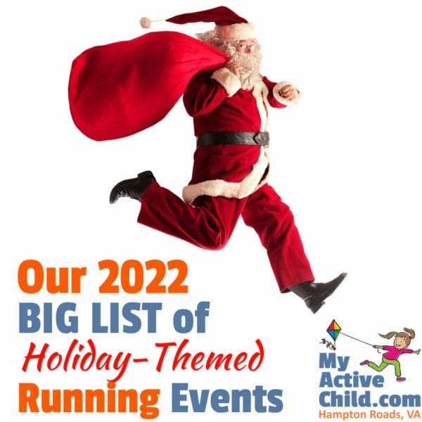 Santa Running with the words Our Big List of Holiday-Themed Running Events