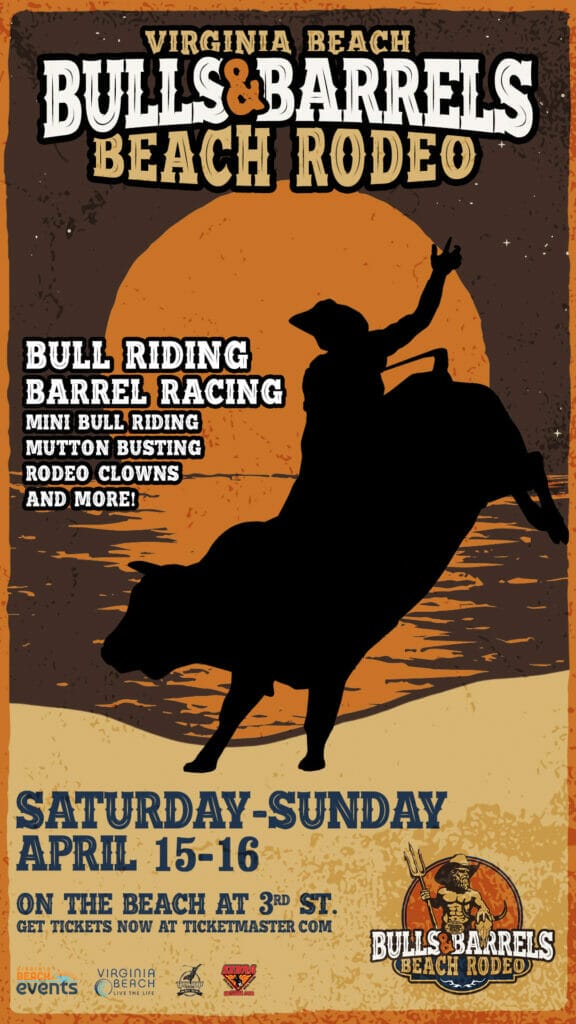 Bucking bull with a cowboy on his back as a part of a flyer for the Bulls & Barrels Rodeo in Virginia Beach April 2023