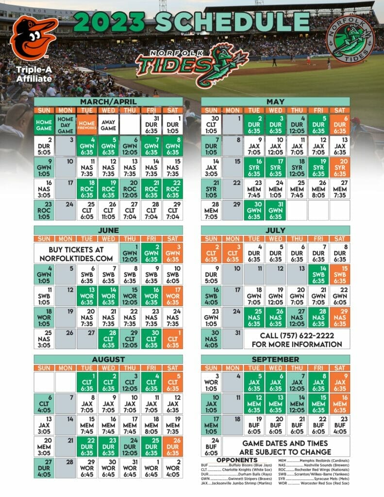 A month by month calendar highlighting the home games, away games and nights of fireworks planned for the Norfolk Tides 2023 season at Harbor Park in Norfolk Virginia