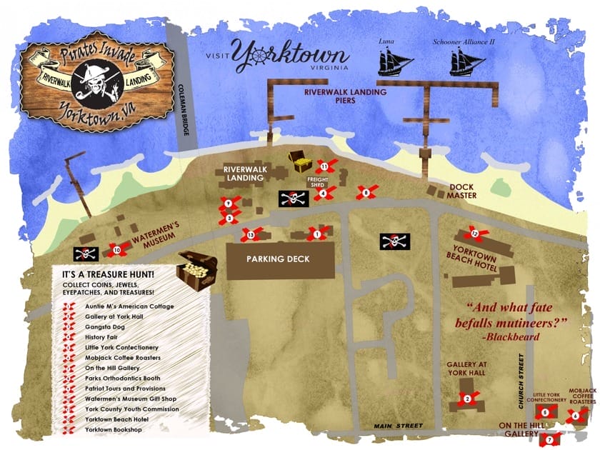 Illustration of a Pirate Treasure Map featuring activities in Yorktown Virginia, as a part of the event Pirates Invade Yorktown Virginia