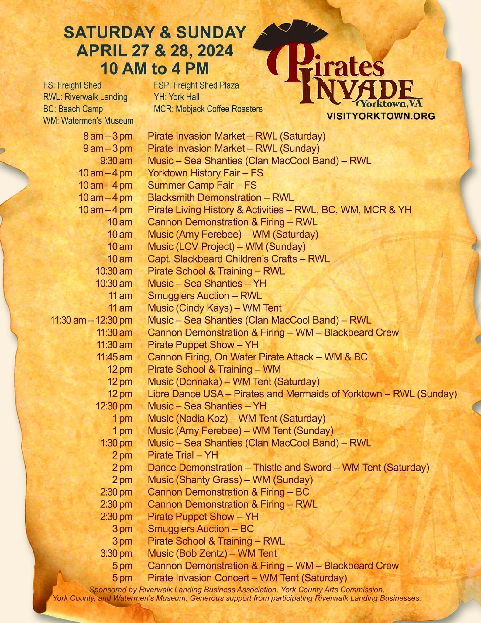Document created to look like an old scroll with activities listed as a part of the Pirates Invade Yorktown event in Yorktown Virginia