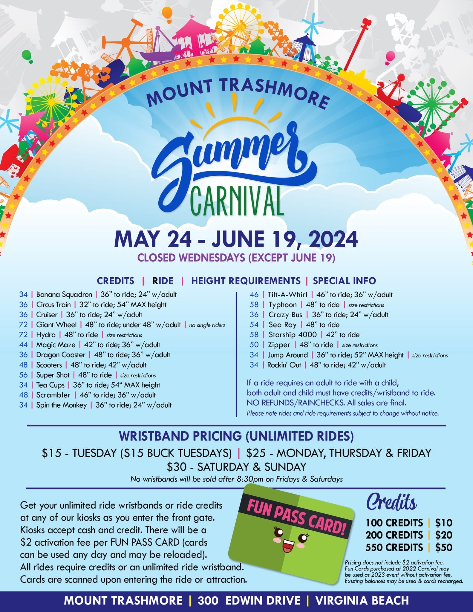 Mt Trashmore Summer Carnival Schedule and Pricing