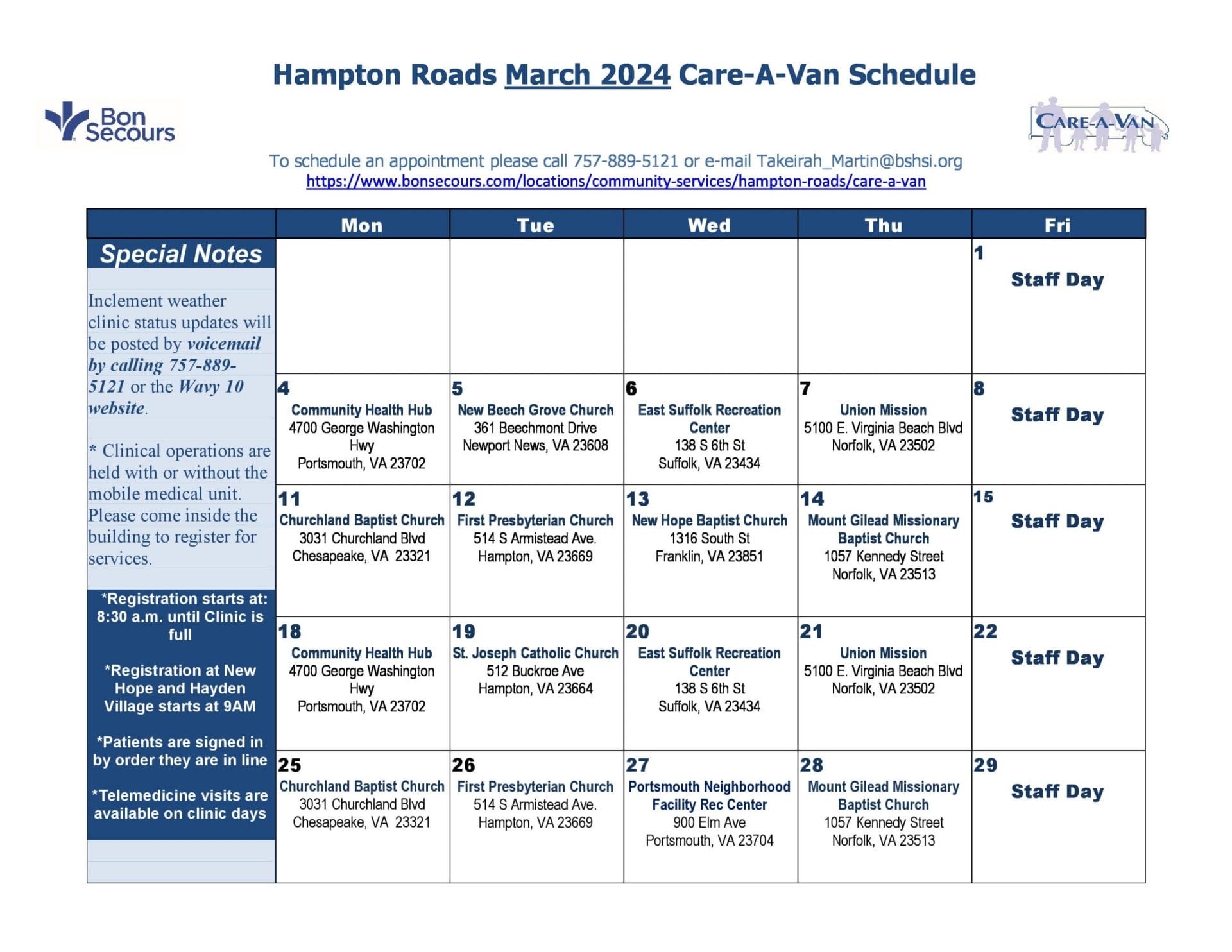 Hampton Roads Care A Van English calendar March 2024