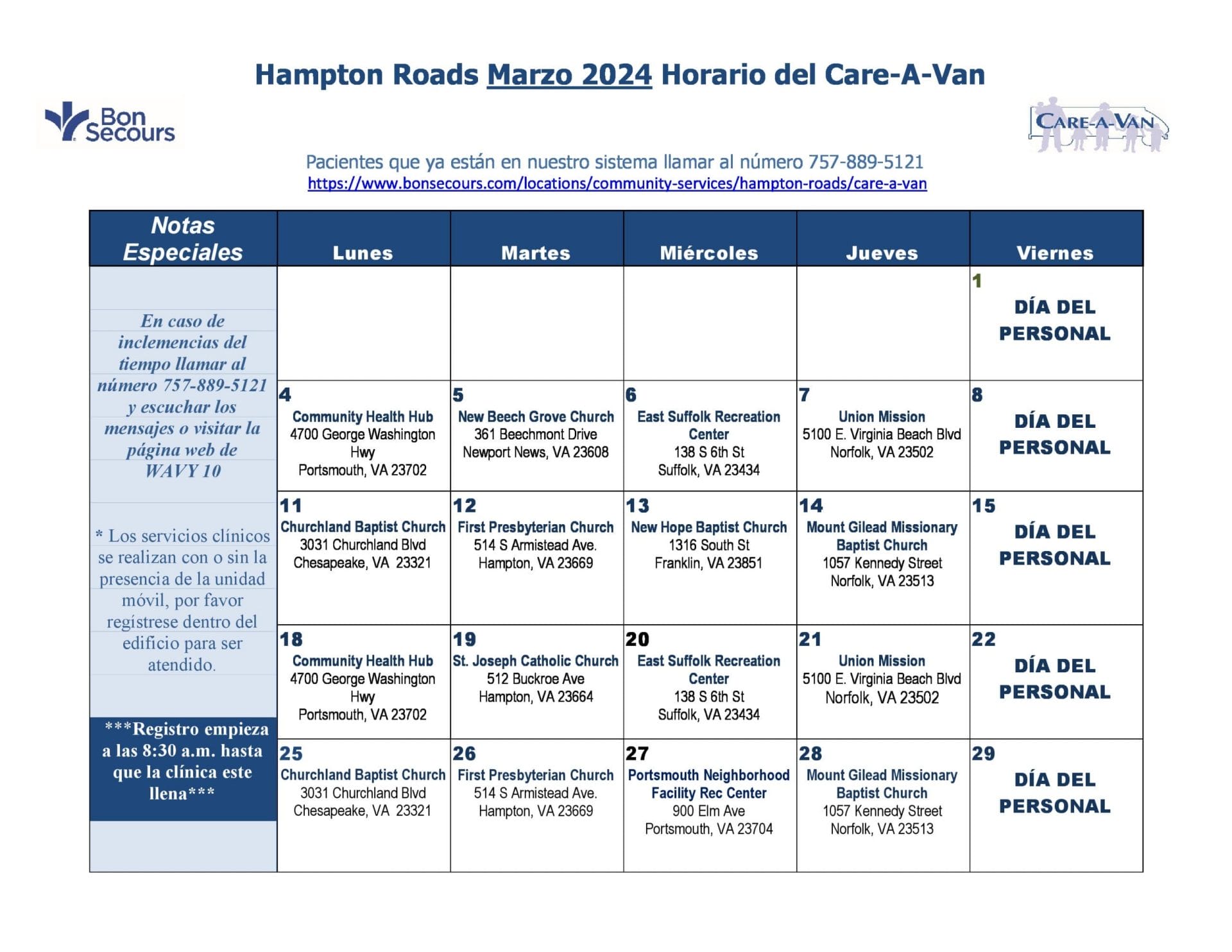 Hampton Roads Care A Van Spanish calendar Marzo 2024