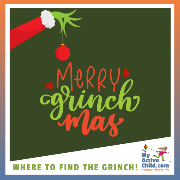 Grinch hand over a Merry Grinchmas Sign illustrating where to find the Grinch at holiday events in Hampton Roads, VA